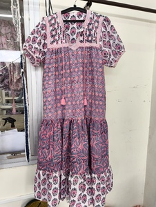 Robe longue décontractée 100 % coton imprimée numériquement, style bohème, coupe trapèze, manches courtes, col en V, à franges, taille naturelle, idéale pour les fêtes de printemps - Product Image 5