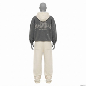 Conjunto de Sudadera con Capucha Gris Oscuro Personalizada y Pantalones Anchos de Felpa Crema, de Algodón, Estilo Urbano Oversize, Venta al por Mayor OEM - Product Image 4