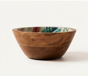 Bol en bois de manguier émaillé fait main avec motif floral vert bohème, écologique et compatible lave-vaisselle, idéal pour servir et offrir - Product Image 2