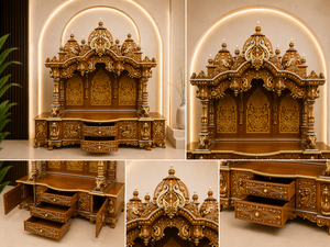 Mandir de Pooja de Madera de Gran Tamaño con Acabado Dorado Antiguo, Templo de Pooja Tradicional de Madera de Teca Tallada a Mano con Santuario Interior, EE. UU. - Product Image 6