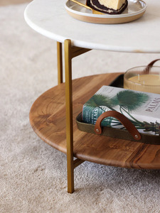 Modern <b>Round</b> <b>Coffee</b> <b>Table</b> Marble Top Metal Frame <b>Wooden</b> Shelf Storage Living Room Furniture Midcentury Design - Product Image 4
