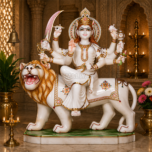 White Marble Durga Devi on Lion | Elegant Four Armed Mata Murti with Ornate Crown and Sacred Weapons by MALIYAS Jaipur - Product Image 1