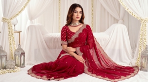 AARA Fashion <b>Maroon</b> Embroidered <b>Saree</b> Blouse for Women Wedding Traditional Indian/Pakistani Style Floor-Length Polyester Sun - Product Image 3