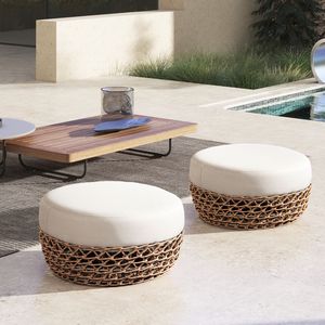 Pouf da giardino rotondo Willow da 25 pollici con struttura in vimini marrone dorato e rivestimento in tessuto beige grano - Product Image 2