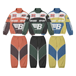 Wholesale Retro Motorsport Tracksuit Outfit Unisex Patchwork Sports <b>Jacket</b> and Elastic Waist Trousers - Product Image 1