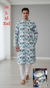 Kurta payjama de algodón grueso premium para hombre con elegante estampado digital - Product Image 5