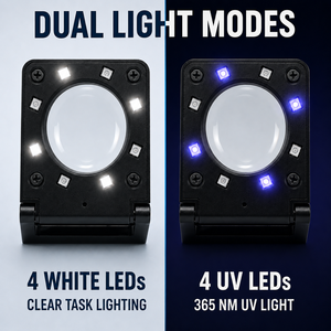 แว่นขยายแบบพับได้พร้อมไฟ LED สีขาว/UV สองดวง ขยายได้ 6 เท่า  วัสดุโลหะ ชาร์จผ่านพอร์ต Type-C สำหรับการตรวจสอบ - Product Image 4