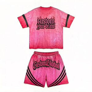 Men Pink Washed Graphic <b>T</b> <b>Shirt</b> Shorts Set Oversized <b>Gothic</b> Streetwear Stripe Detail Two Piece Casual Summer Matching Outfit - Product Image 2