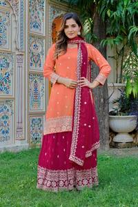 Ensemble Sharara Plazza pour femme en Faux Georgette, richement brodé, avec Dupatta, robe ethnique traditionnelle de mariage à manches longues, effet froissé - Product Image 2