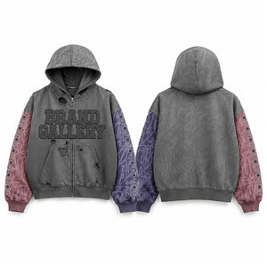 Sweat-shirt à capuche zippé pour homme à prix réduit, coupe oversize, tricoté, style streetwear, gris, violet, rose, imprimé en relief, style automne - Product Image 1