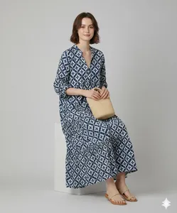 Robe maxi à imprimé géométrique de luxe, col en V, manches trois quarts, coton, coupe ample, robe d'été décontractée - Product Image 1