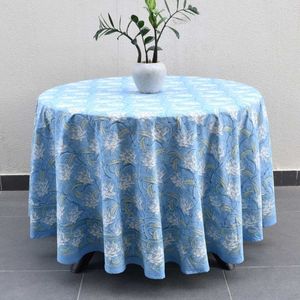 Nappe en coton 100% fabriquée en Inde, design français, imprimée à la main, couleur bleu lotus japonais, 220x220cm, pour la décoration - Product Image 5