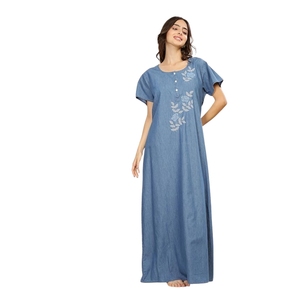 Chemise de nuit longue en coton pour femmes, manches courtes, col rond, broderie florale, vêtements de nuit décontractés, bleu - Product Image 3
