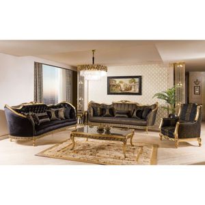 Royal Solid Teak Wood <b>Sofa</b> Set Luxury 7 Seater <b>Black</b> Gold Carved Turkish Neo Classic Couch Coffee <b>Table</b> Living Room Furniture - Product Image 1