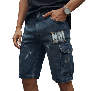 Premium Quality Men's Casual Denim Polyester/Cotton High Waist Breathable Button Fly Shorts with Multiple Pockets Loose Fit - Product Image 3