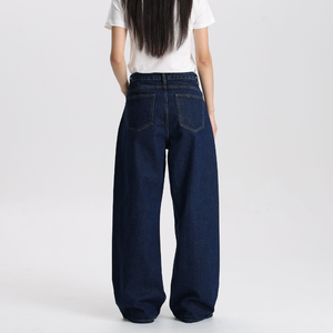 Jean en denim respirant à taille mi-haute, coupe ample et jambe large, délavage foncé, longueur intégrale, style streetwear pour femme - Product Image 3