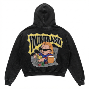 Sweat à capuche femme délavé à l'acide 420 GSM en molleton de coton et polyester premium noir, coupe oversize, avec impression graphique en relief et sérigraphie, logo personnalisé - Product Image 2