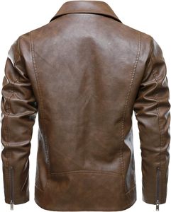 <b>Men</b> Brown PU <b>Leather</b> Moto Biker <b>Jacket</b> Zipper Front Turn-down Collar Regular Sleeve Slim Fit Solid Color Autumn Style - Product Image 4