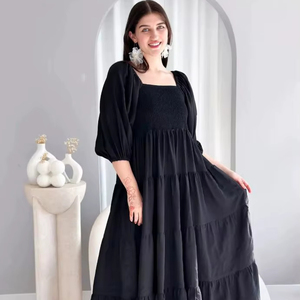 Robe longue décontractée à col carré et manches mi-longues pour femme, motif floral, personnalisable, en coton et lin, coupe ample, pour l'été - Product Image 1
