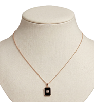 Collier Minimaliste en Or Massif 10K 14K avec Pendentif Rectangulaire Émail Noir, Style Art Déco Diamant Vintage, Bijou Délicat, Cadeau pour Femme