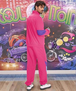 Men's Pink Color Blocking Tracksuit Full Sleeve Zipper Sporty Jogging Set Turn-<b>down</b> Collar Polyester Material Spring Wear - Product Image 3