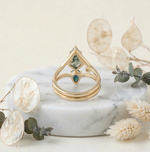 Juego de Anillos de Boda de Lujo al por Mayor con Zafiro Azul Verdoso, Corte Cometa, Ágata Musgosa, Joyería de Compromiso, Colección Vintage para Bodas - Product Image 2