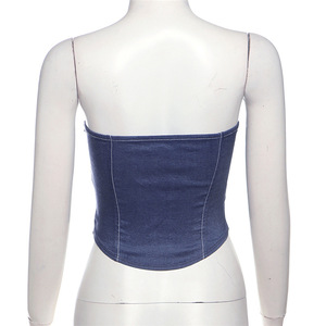 Women's <b>Strapless</b> Denim <b>Corset</b> Top With Lace-Up Front Vintage Style Blue Cotton Spandex Blend Tank Top - Product Image 2