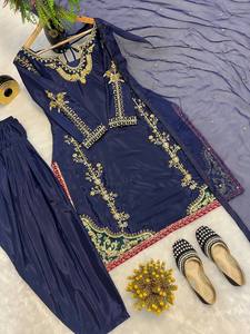 Premium Midnight Navy <b>Blue</b> Silk Kurta Pant Set Dupatta 3 Piece Heavy Hand Embroidered Salwar Kameez Luxury Traditional Party - Product Image 4