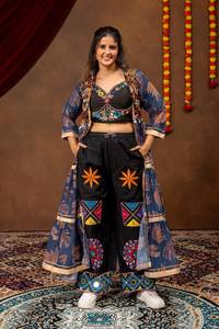 Ethnic Faux Georgette Floor-Length Crop Top Mirror Embroidery Floral Printed <b>Shrug</b> Set Women India Pakistan Style Party All - Product Image 3