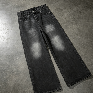 Jean cargo taille haute en denim brut délavé bleu, coupe droite, service OEM et ODM, streetwear, broderie unie - Product Image 5