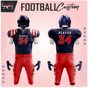 Ensemble de maillots de football américain Patriots pour hommes, uniforme ajusté personnalisé sublimé 100% polyester avec pantalon rouge et motif étoiles - Product Image 6