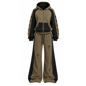 Ensemble de survêtement unisexe à capuche, manches longues, coupe ample, imprimé motif géométrique, streetwear, vêtements d'automne, noir, vert olive - Product Image 2
