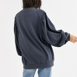Oversized Crew Neck Sweatshirt Women 100% Cotton Puff Sleeve Knitted Solid Color Autumn Casual <b>Top</b> - Product Image 4