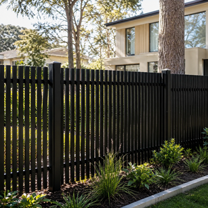 Valla metálica moderna de listones verticales negros con diseño minimalista, poste seguro y un aspecto exterior residencial contemporáneo y elegante. - Product Image 5