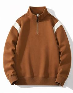 Men's <b>Brown</b> Quarter Zip <b>Fleece</b> Sweatshirt Regular Fit Solid Color Stand Collar Casual Spring Wear 100% Cotton Digital Breathable - Product Image 1