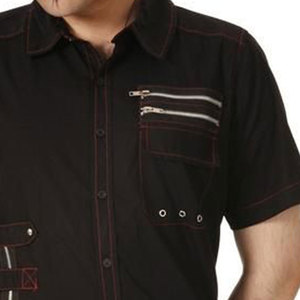 Custom <b>Men's</b> Gothic Short Sleeve Shirt Black Cotton Punk Rock Top with Asymmetric Zippers Straps and Red Stitching - Product Image 5