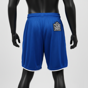 Shorts de bain en maille polyester de haute qualité, couleur bleue avec bordure blanche, logo brodé personnalisé, shorts en maille pour homme - Product Image 4