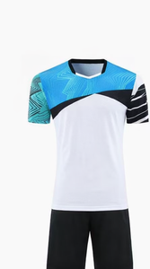 Ensemble uniforme de tennis pour hommes, blanc et bleu, imprimé géométrique, manches courtes, col en V, vêtements de sport en polyester anti-humidité pour adultes - Product Image 2