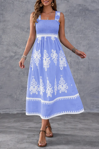 Bohemian Ethnic Print Shirred Bust Maxi Dress Elegant A-Line Sleeveless Square Neck Casual Wear Embroidery <b>Sundress</b> - Product Image 3