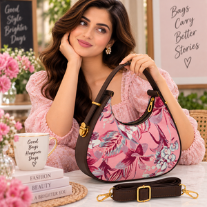 Bolso Hobo con Estampado Floral para Mujer, en Cuero PU Rosa, con Correa de Hombro, Cierre de Cremallera y Herrajes Dorados, para Todas las Temporadas - Product Image 2