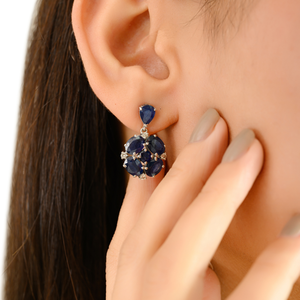 Boucles d'oreilles pendantes en saphir bleu et diamant 100% authentiques, pierre de naissance de septembre, pour femmes, en or blanc véritable 14 carats, bijoux fins - Product Image 4