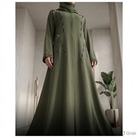 Abaya en mousseline vert olive avec broderie élégante en forme de vigne, robe de prière longue à manches longues pour femmes