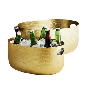 Hammered <b>Gold</b> Metal Oval Beverage Tub Wine Chiller Beer <b>Ice</b> <b>Bucket</b> with Cutout Handles for Wedding Party Decor - Product Image 1