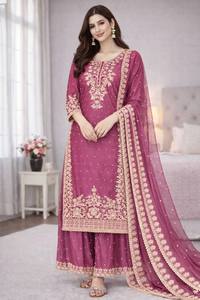 Women Traditional Indian Pakistani Wedding Floor-Length Embroidered Needle-Detecting Salwar <b>Suit</b> Set Polyester Regular Fit All - Product Image 3