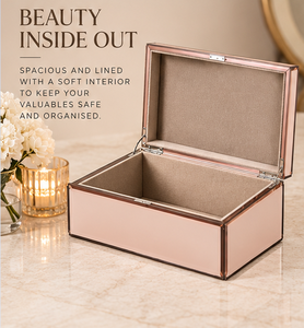 <b>Rose</b> Mist Pink Glass Jewelry Storage Box with <b>Rose</b> <b>Gold</b> Edging Glossy Finish Soft Lining Decorative Keepsake Organizer - Product Image 3