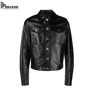 <b>Men</b> Classic Black Genuine Leather <b>Trucker</b> <b>Jacket</b> Finished Zipper Front with Dual Chest Flap Pockets Stand Collar Eco-friendly - Product Image 1