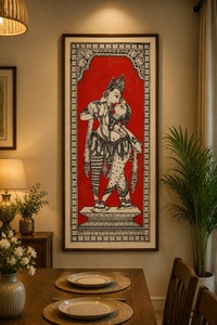 Pintura Tradicional de Arte Mural de Radha Krishna |   Obra de arte mitológica india hecha a mano |   Marco Decorativo para el Hogar de Estilo Étnico Rojo y Negro - Product Image 3