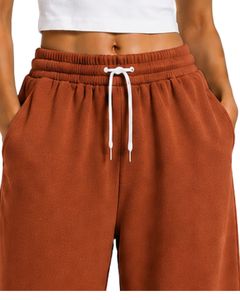 Pantalon de survêtement large pour femme, taille haute, coupe décontractée, style streetwear, en molleton, avec cordon de serrage et poches, couleur orange rouille - Product Image 5