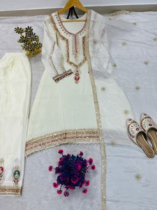 Traje Salwar de Diseño Especial y Hermoso, en Tela de Seda Chinon Pura, con Dupatta, para Novias o Mujeres, Ideal para Fiestas o Eventos - Product Image 4