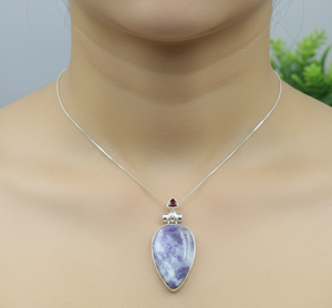 Colgante de punta de flecha con piedras preciosas de lepidolita púrpura natural y granate, plata de ley 925, chapado en oro rosa y oro amarillo, joyería unisex. - Product Image 2